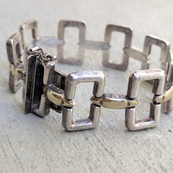 Vintage Sterling Silver Bracelet Two Tone Rectangle Italy 7.5 Modern - Picture 4 of 15